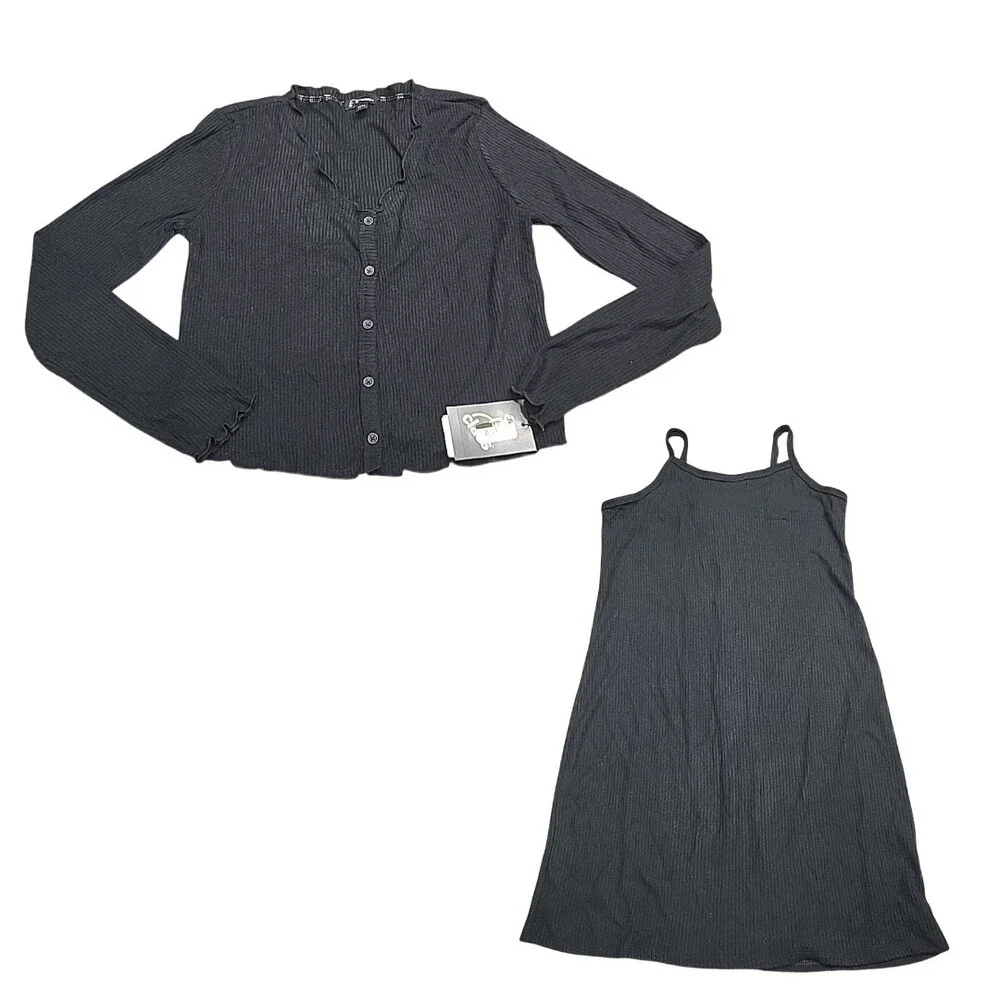 Kids Girls Button Front Cardigan with Sleeveless Dress Set X-Large Size 14 Black